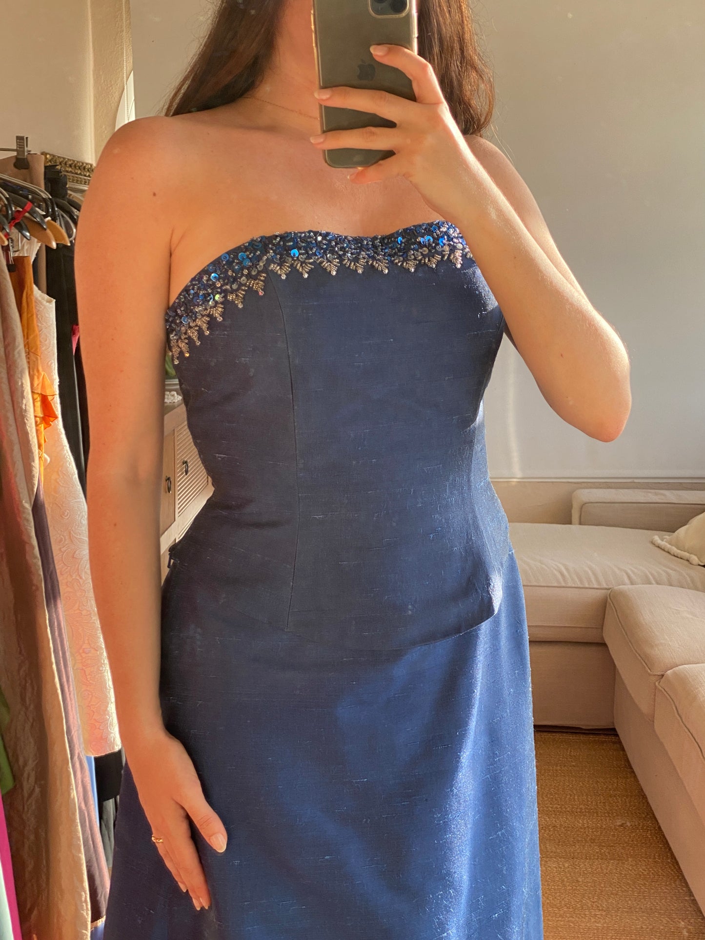 Set vintage azul de seda natural
