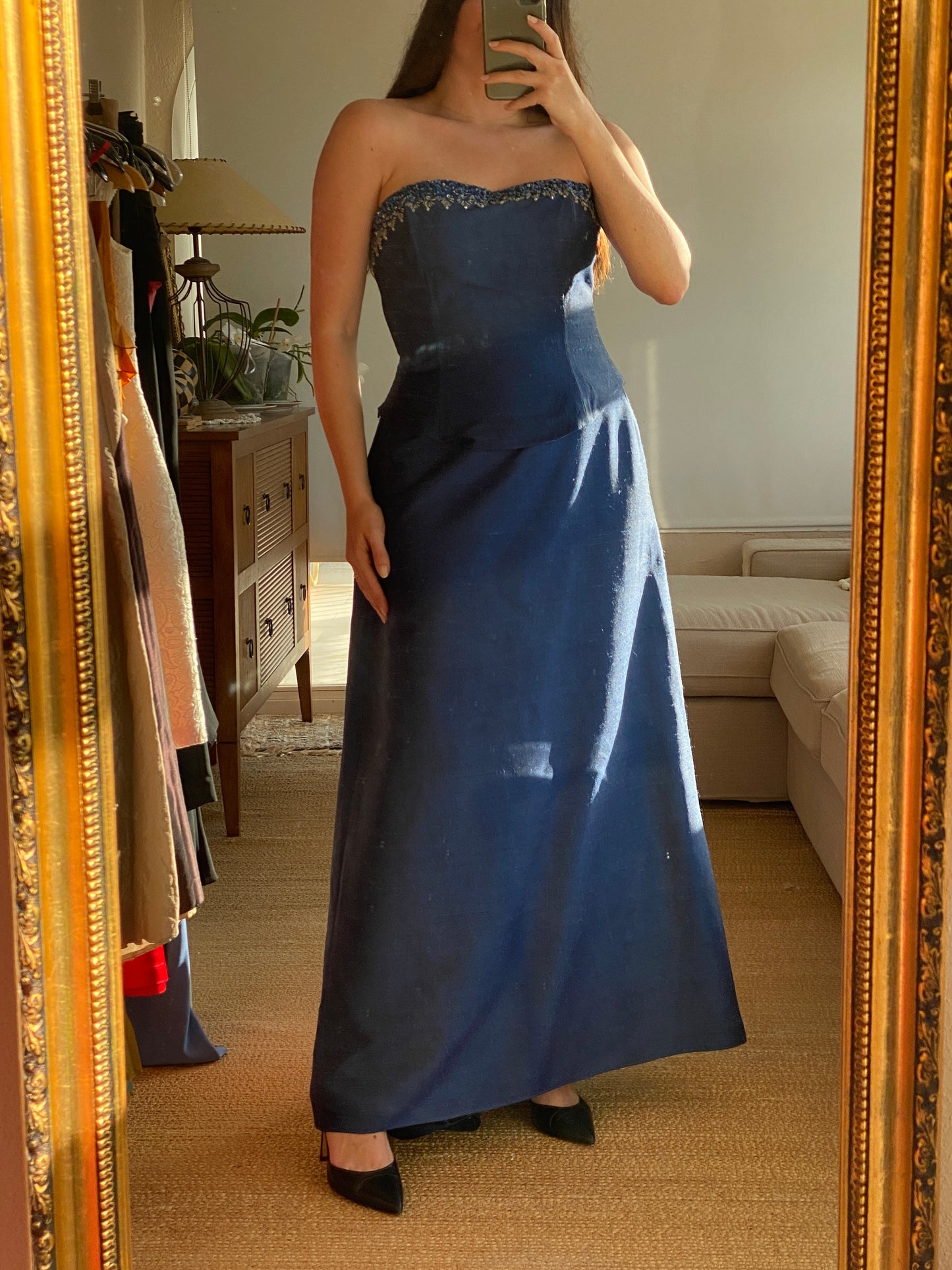 Set vintage azul de seda natural