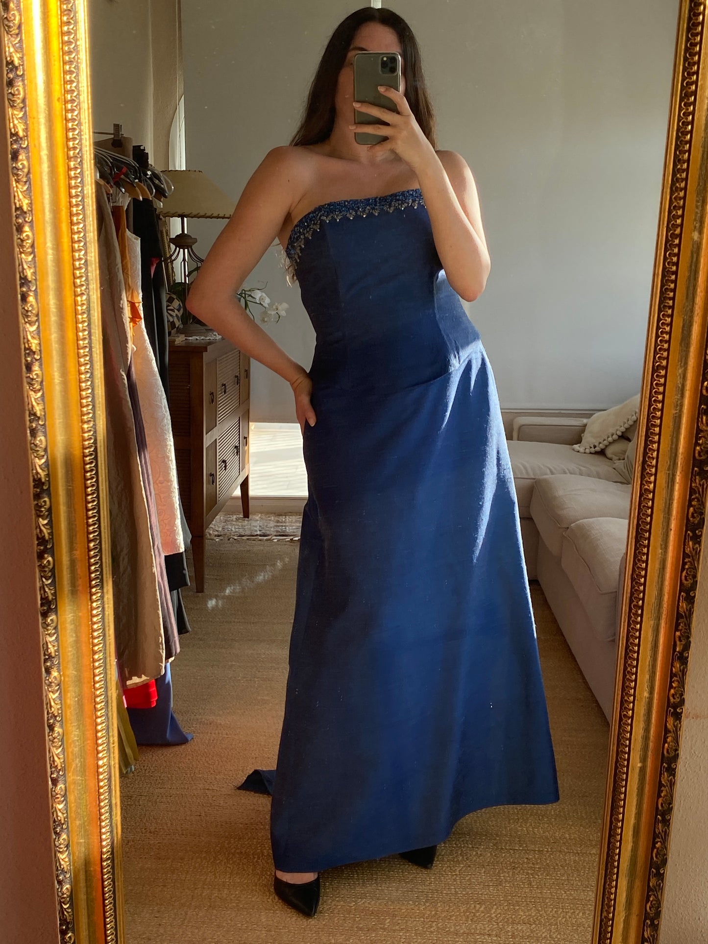 Set vintage azul de seda natural