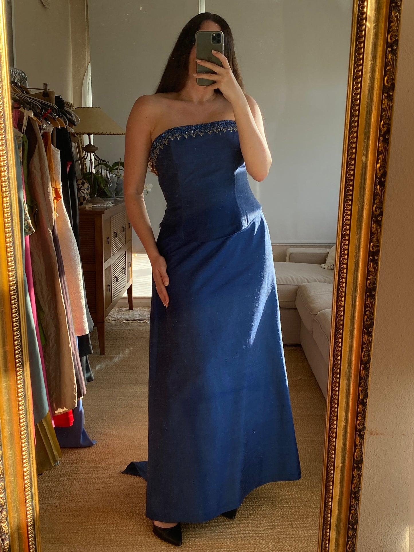 Set vintage azul de seda natural
