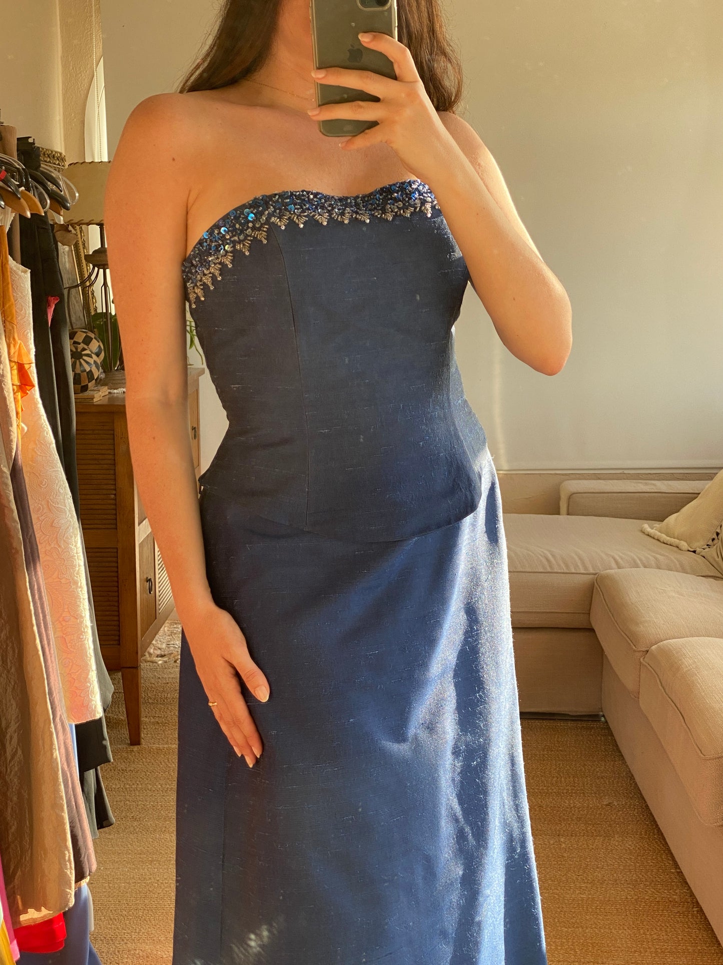 Set vintage azul de seda natural